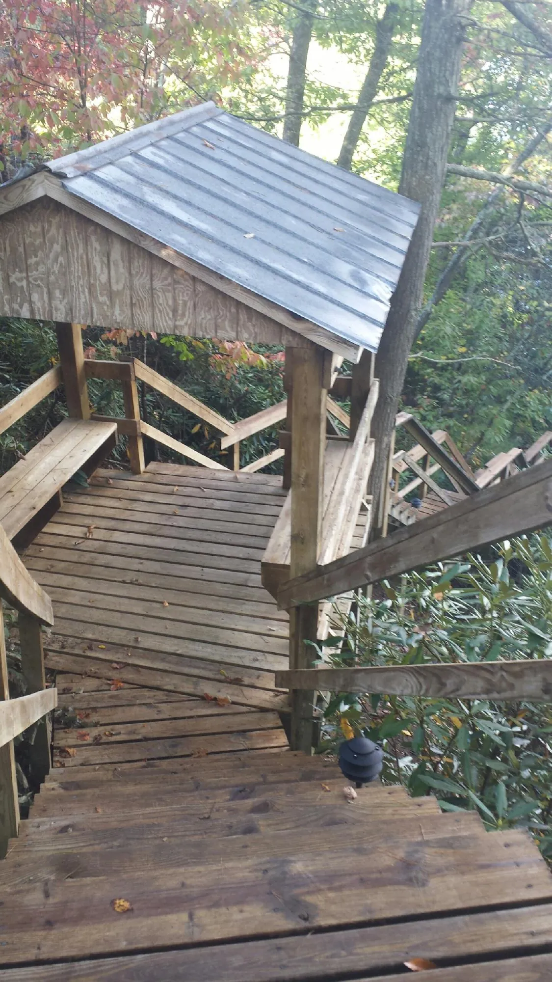 Metal roofed shelter over wooden steps on a wooded walkway — Skylight Repair & Installation work by our crew in Coulee City